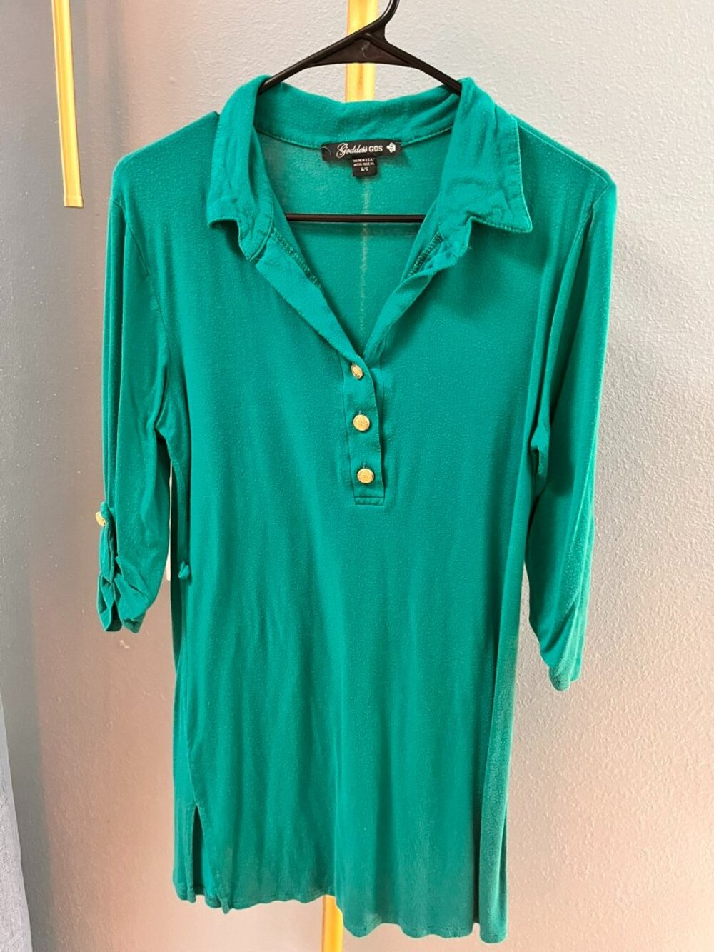 Goddess GDS Tunic Top Small S Emerald Green Henley Roll Tab Sleeve Gold Buttons